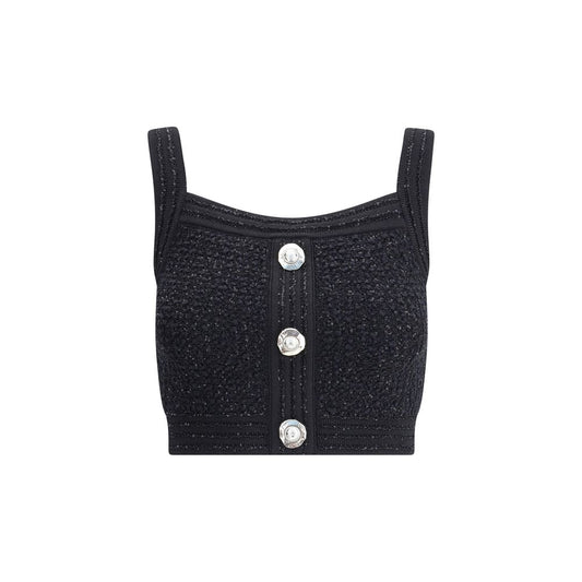 Balmain Black Polyamide Top with square neckline, thick straps, tweed fabric, and embossed button closure.