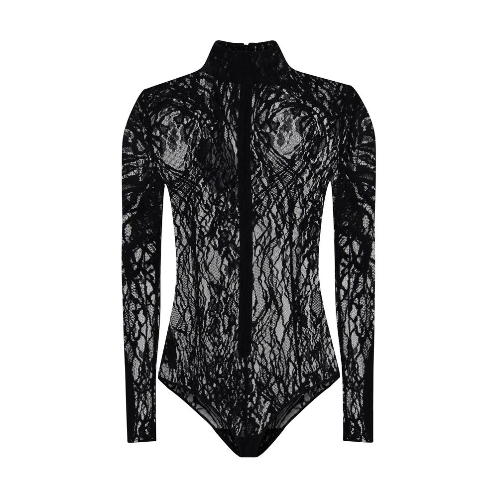 Balmain Black Cotton Top with lace design, high neck, zip fastening, and buttoned briefs for a structured fit, AW25 collection.