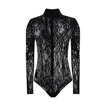 Balmain Black Cotton Top with lace design, high neck, zip fastening, and buttoned briefs for a structured fit, AW25 collection.