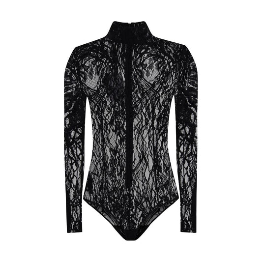 Balmain Black Cotton Top with lace design, high neck, zip fastening, and buttoned briefs for a structured fit, AW25 collection.