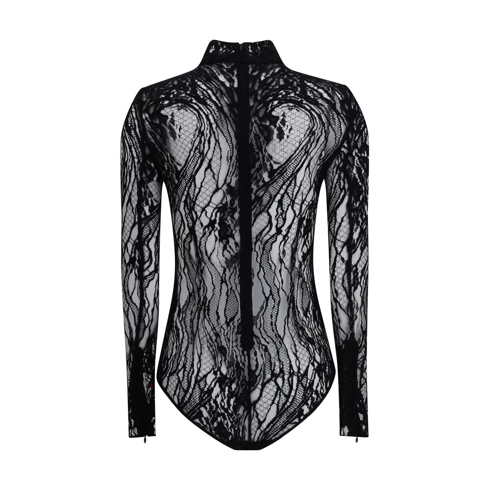 Balmain Black Cotton Top with high neck, sheer lace design, back zip fastening, and buttoned briefs, perfect for bold and feminine looks.