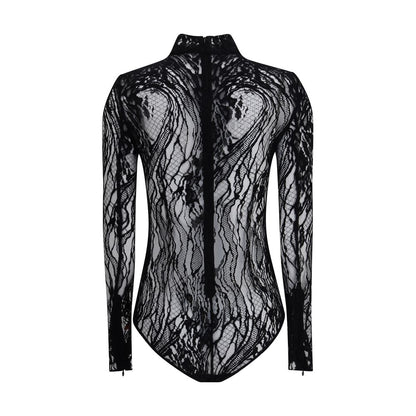 Balmain Black Cotton Top with high neck, sheer lace design, back zip fastening, and buttoned briefs, perfect for bold and feminine looks.