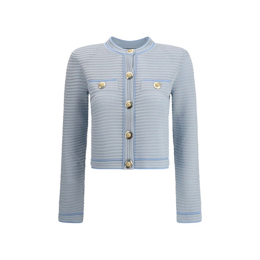 Balmain Light Blue Viscose Cardigan featuring gold buttons and beaded trims for a structured and elegant look.