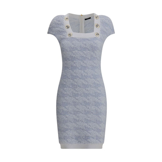 Balmain Light Blue Polyamide Casual Dress with ribbed square neckline and embossed buttons.