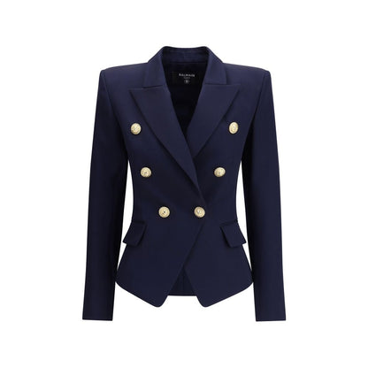 Balmain Blue Fleece Wool Blazer with gold embossed buttons and peak lapels, showcasing a structured and elegant design.