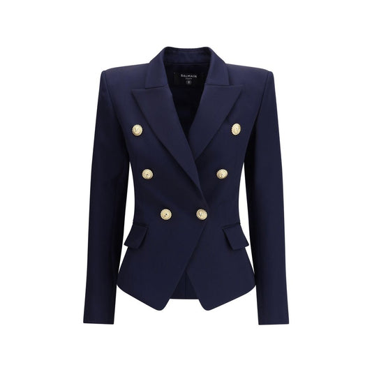 Balmain Blue Fleece Wool Blazer with gold embossed buttons and peak lapels, showcasing a structured and elegant design.