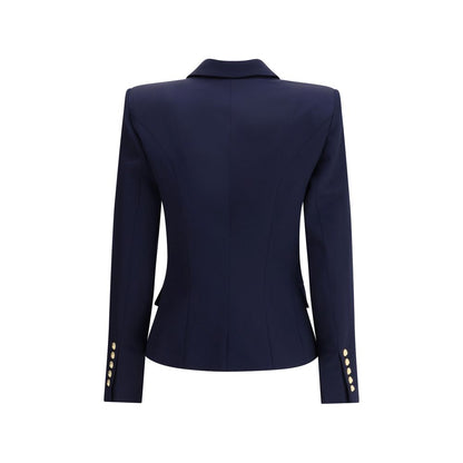 Back view of Balmain Blue Fleece Wool Blazer with structured shoulders and gold button details.