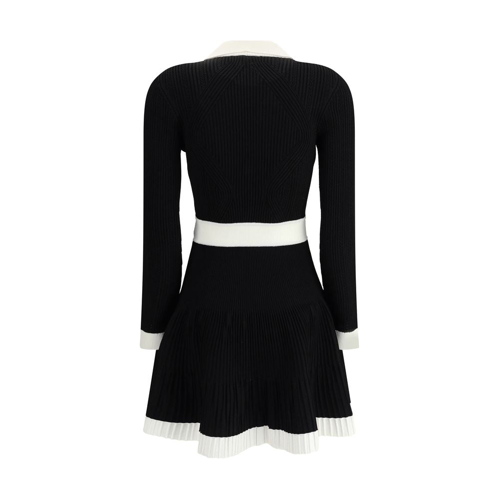 Balmain Black Viscose Casual Dress with flared skirt and embossed buttons, rear view, showcasing the elegant ribbed trim and feminine silhouette.