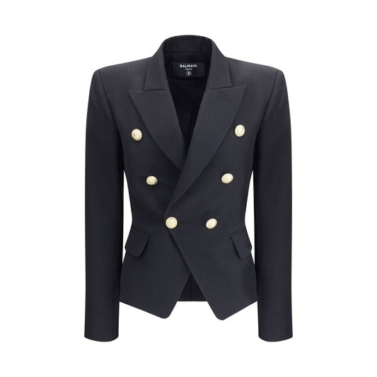 Balmain Black Wool Blazer with double-breasted design, embossed buttons, wide peaked lapels, and welt flap pockets, AW25