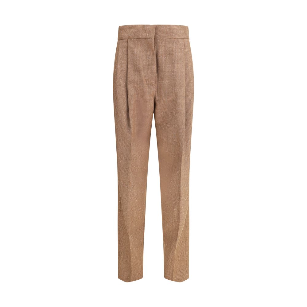 Fabiana Filippi Beige Fleece Wool Dress Pants with Prince of Wales fabric and diamond thread detail.