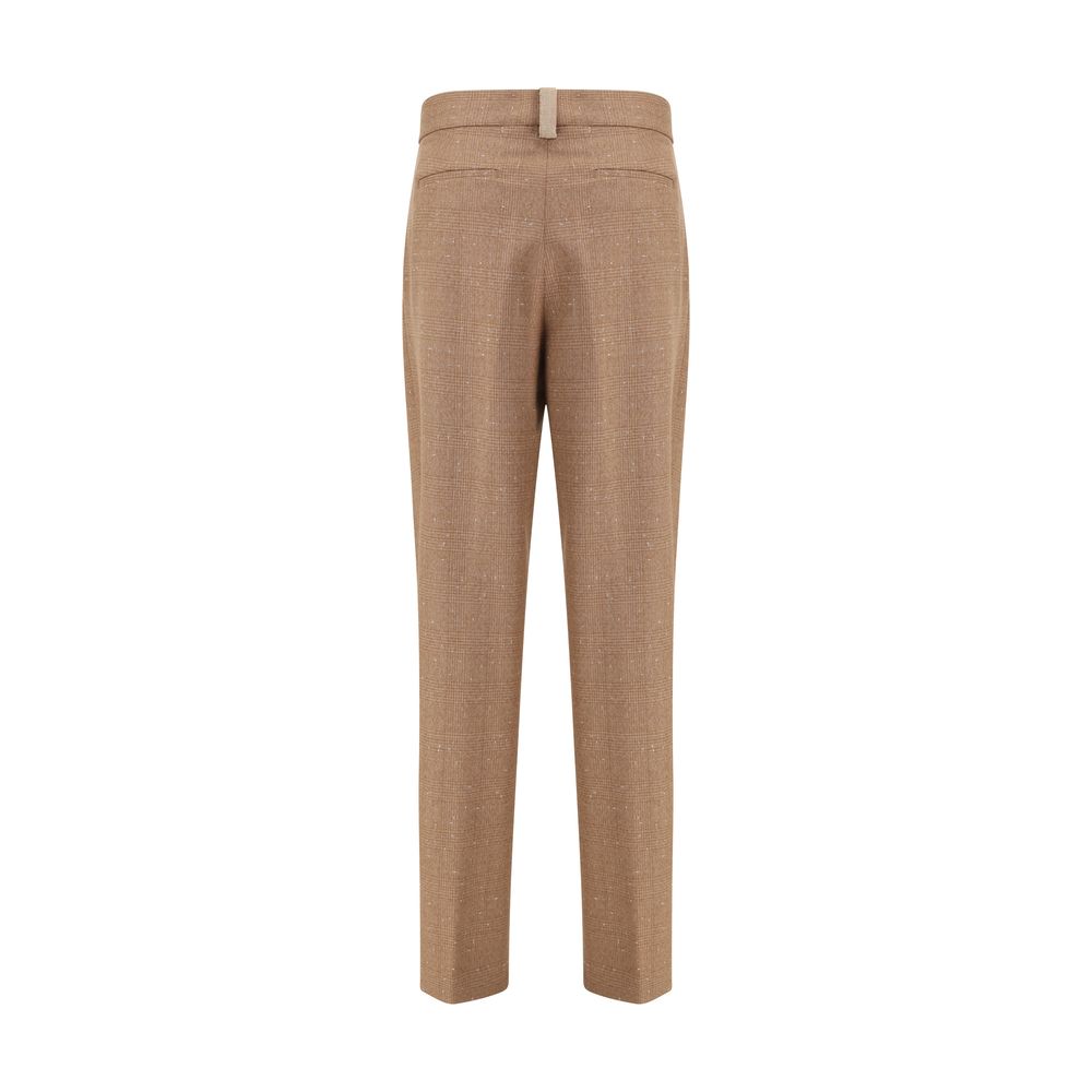 Fabiana Filippi Beige Fleece Wool Dress Pants in Prince de Galles slub fabric, elegant and sophisticated with diamond thread loop detail.