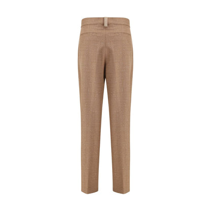 Fabiana Filippi Beige Fleece Wool Dress Pants in Prince de Galles slub fabric, elegant and sophisticated with diamond thread loop detail.