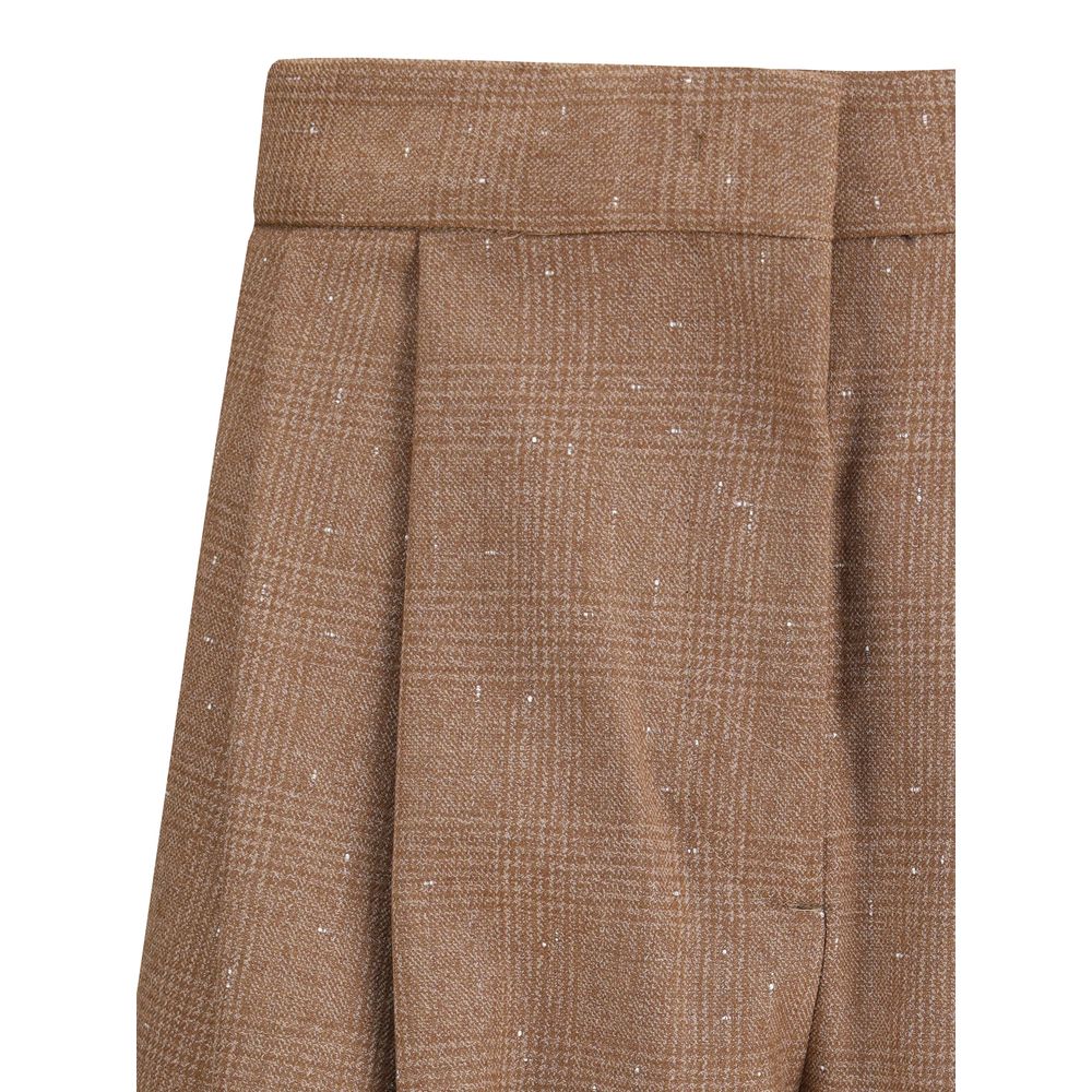 Close-up of Fabiana Filippi Beige Fleece Wool Dress Pants showcasing elegant Prince de Galles fabric with distinctive diamond thread detail.