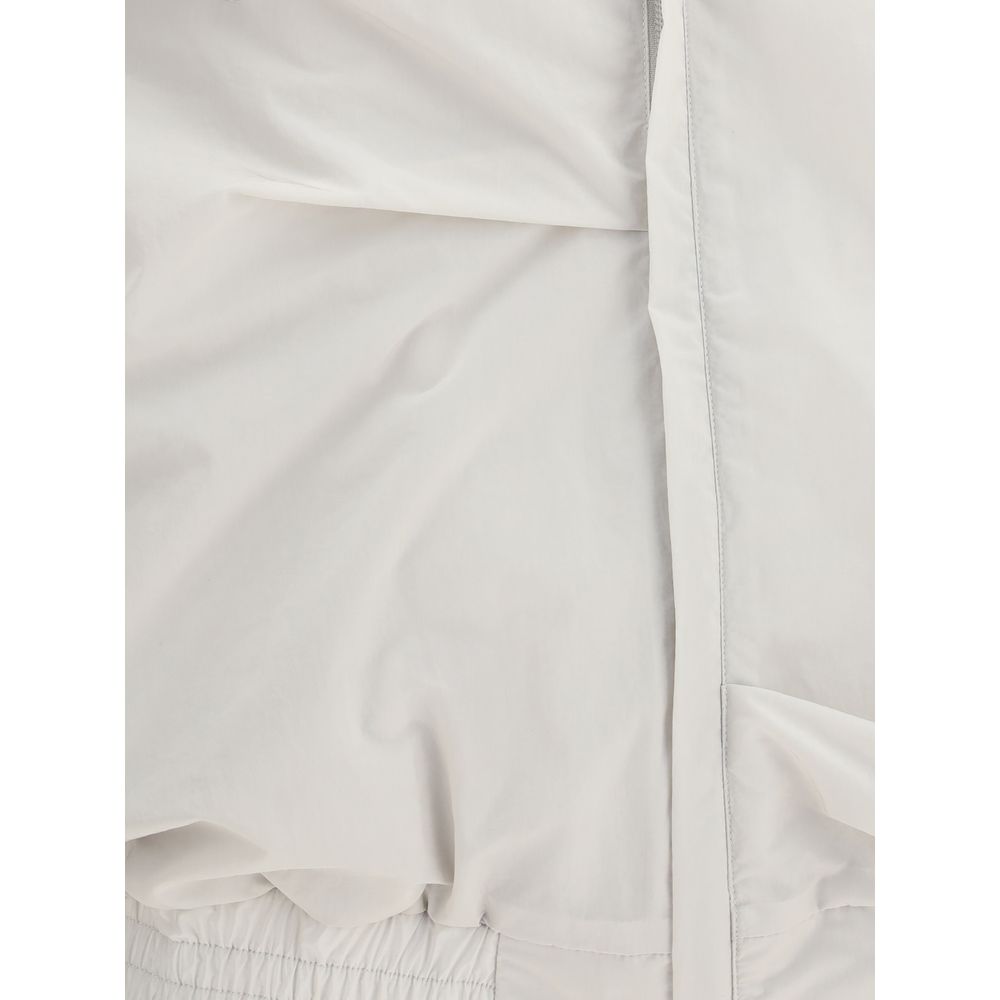 Close-up of ALAINPAUL Gray Polyamide Full-Length Jacket showcasing soft draping and modern zipper details.