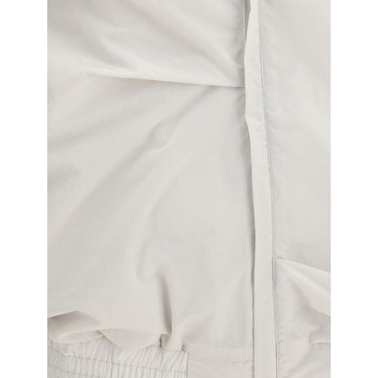 Close-up of ALAINPAUL Gray Polyamide Full-Length Jacket showcasing soft draping and modern zipper details.