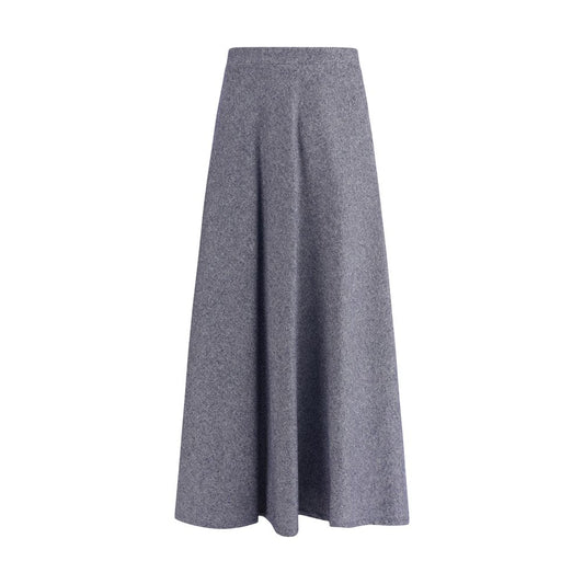 Sara Roka Blue Cotton Midi Skirt with flared silhouette and denim-effect fabric, featuring side zipper and front welt pockets.