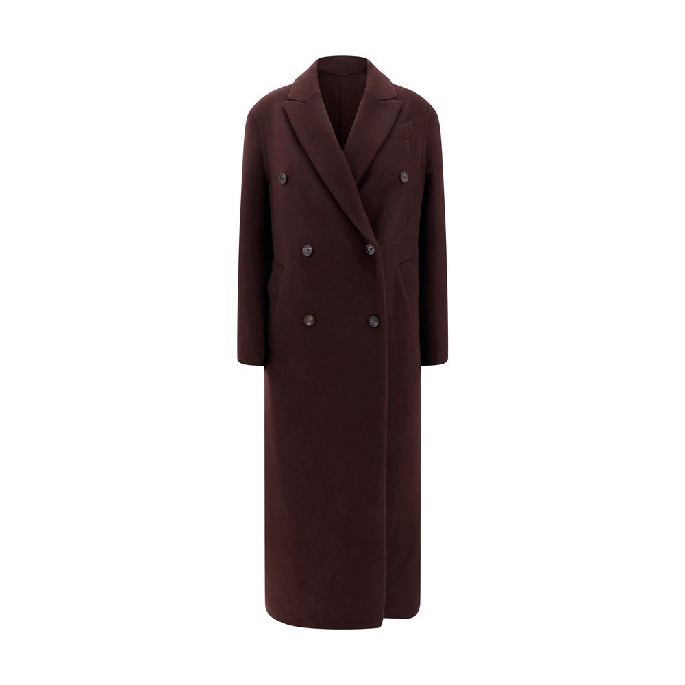Brunello Cucinelli Bordeaux Cashmere Coat with elegant peaked lapel and double-breasted front, featuring side welt pockets and back slit.