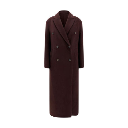 Brunello Cucinelli Bordeaux Cashmere Coat with elegant peaked lapel and double-breasted front, featuring side welt pockets and back slit.
