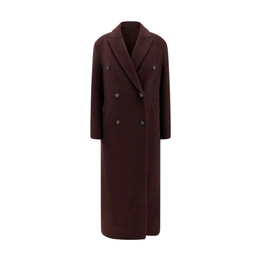 Brunello Cucinelli Bordeaux Cashmere Coat with elegant peaked lapel and double-breasted front, featuring side welt pockets and back slit.