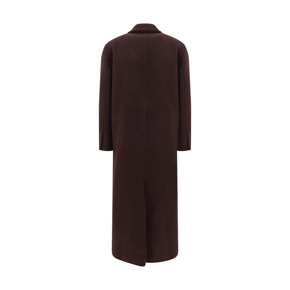 Back view of Brunello Cucinelli Bordeaux Cashmere Coat featuring a sleek silhouette and classic design details.