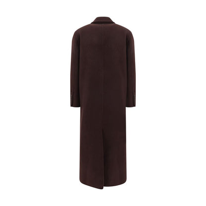 Back view of Brunello Cucinelli Bordeaux Cashmere Coat featuring a sleek silhouette and classic design details.