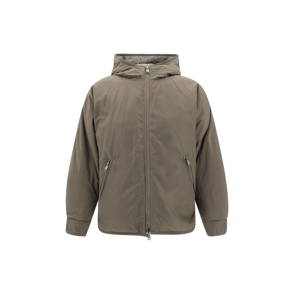 Brunello Cucinelli Brown Fleece Wool Coat with hood, versatile reversible design, and side pockets for practical elegance.