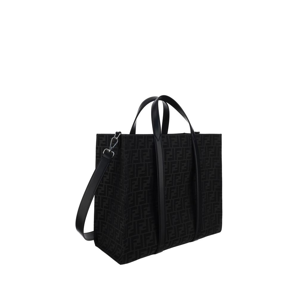 Fendi Black Polyester Shoulder Bag with FF print, featuring a leather strap and double handle, AW25 collection, dimensions 40x40x19 cm.
