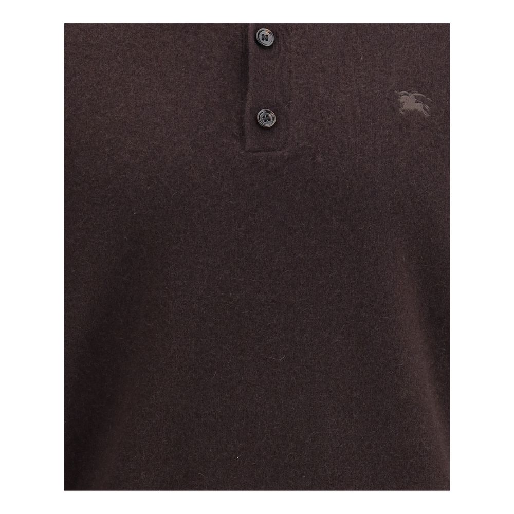 Burberry Brown Cashmere Cashmere Sweater with button placket and embroidered Equestrian Knight Design on chest.