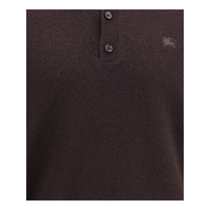 Burberry Brown Cashmere Cashmere Sweater with button placket and embroidered Equestrian Knight Design on chest.
