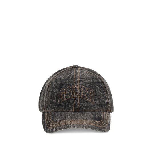 Front view of Ganni Gray Cotton Cap (Baseball Hat) with embroidered GANNI logo and adjustable back closure.