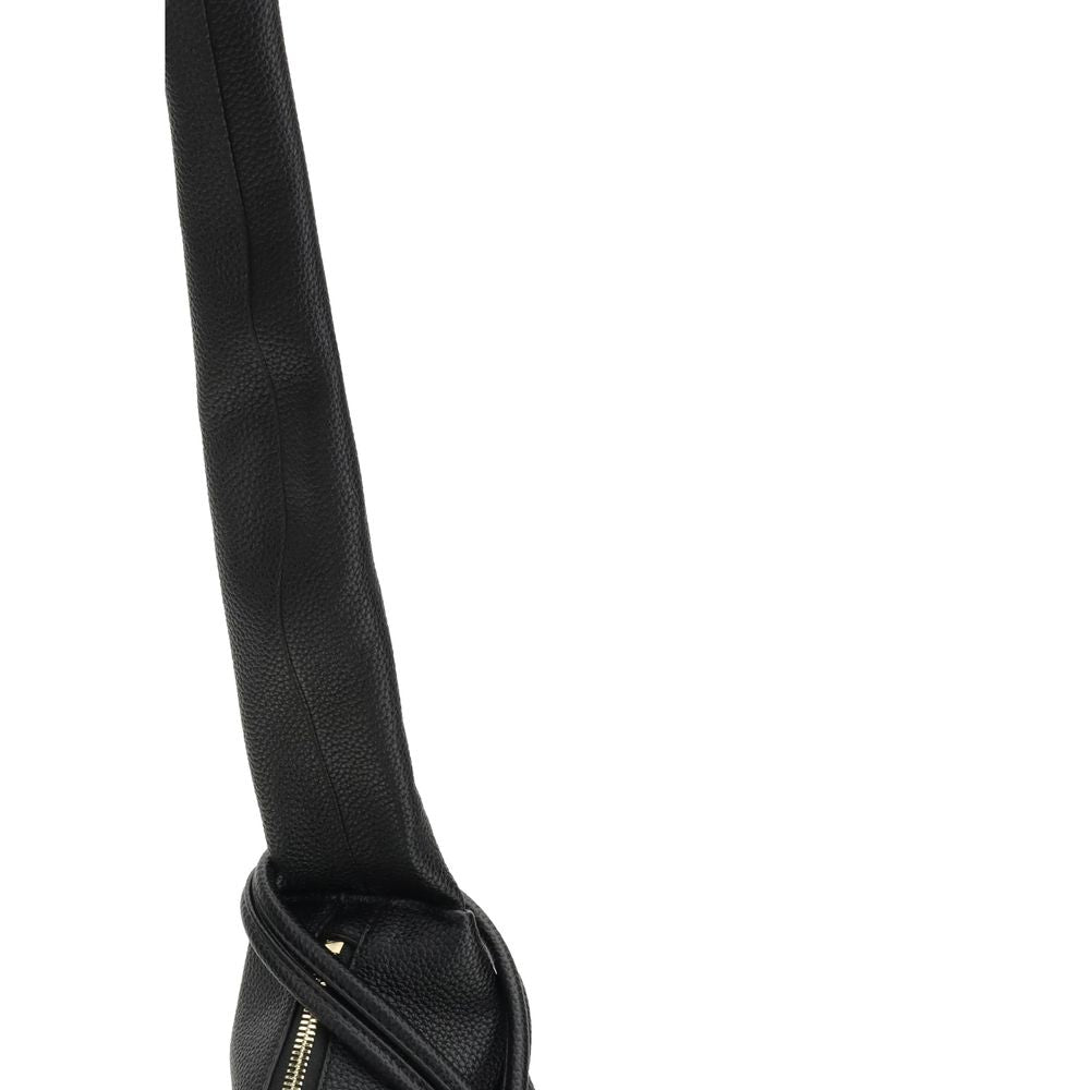 Side view of Ganni Black Recycled Polyester Shoulder Bag with leather texture and zipper closure.