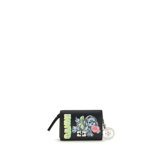 Ganni Black Recycled Leather Wallet with puppy print and butterfly logo, features multiple compartments and silver-colored key ring.