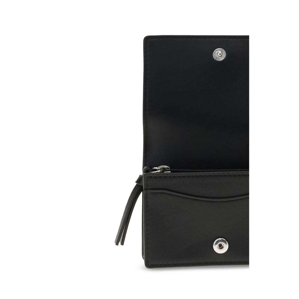 Ganni Black Recycled Leather Wallet with open design showing interior compartments, featuring playful puppy print and silver key ring.
