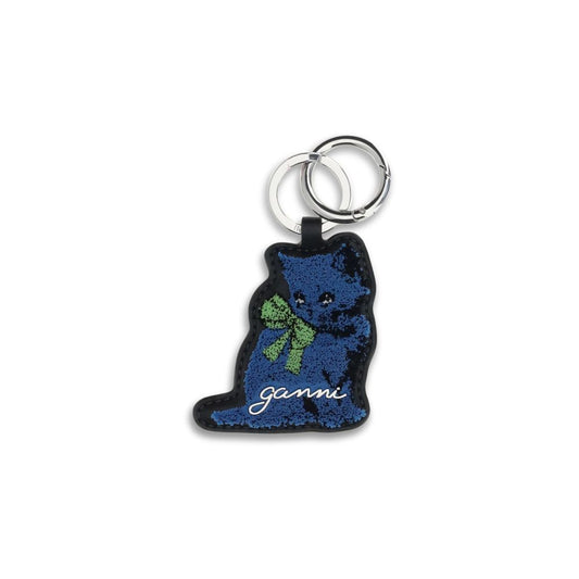 Ganni Blue Recycled Leather Keychain shaped as a cat with GANNI logo and silver ring, perfect for keys and bags.