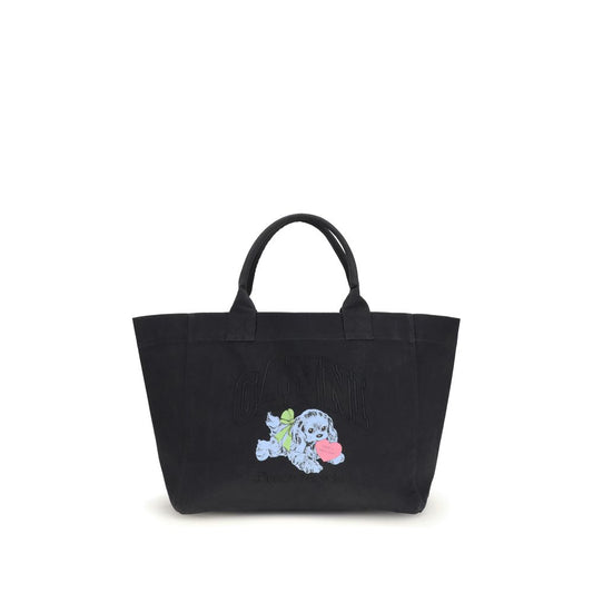 Ganni Black Recycled Cotton Shoulder Bag with playful puppy print, top handles, and embroidered logo. Ideal for stylish, functional carrying.