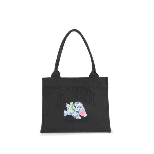 Ganni Black Cotton Shoulder Bag with puppy graphics, embroidered logo, and top handles, featuring spacious interior and zippered pocket.