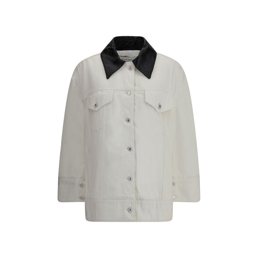 Givenchy White Cotton Denim Jacket featuring a leather collar, oversized design, logo appliqué, button closure, and chest flap pockets.
