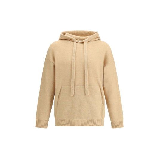 Laneus Beige Cashmere Hoodie with adjustable drawstring hood and ribbed hem, offering a soft, comfortable feel and casual elegance.
