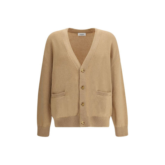 Laneus Beige Merino Wool Cardigan with deep V-neck, button closure, ribbed trim, two front welt pockets, and oversized, relaxed fit.