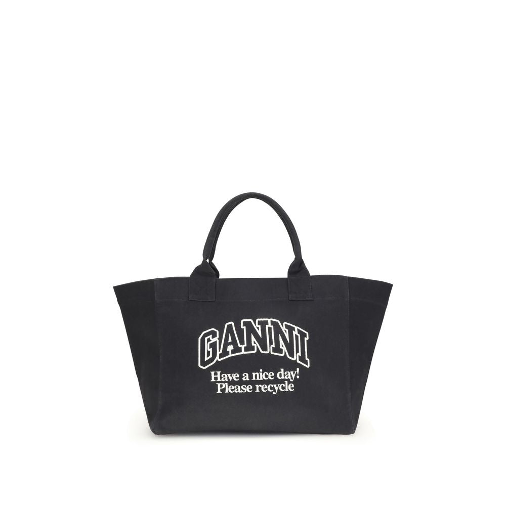 Ganni Black Cotton Shoulder Bag with GANNI logo, spacious XXL canvas tote, top handles, interior zippered pocket. AW25 collection.