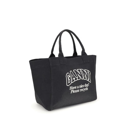 Ganni Black Cotton Shoulder Bag with logo, spacious interior, top handles, and interior zippered pocket. Ideal for versatile use. AW25 season.