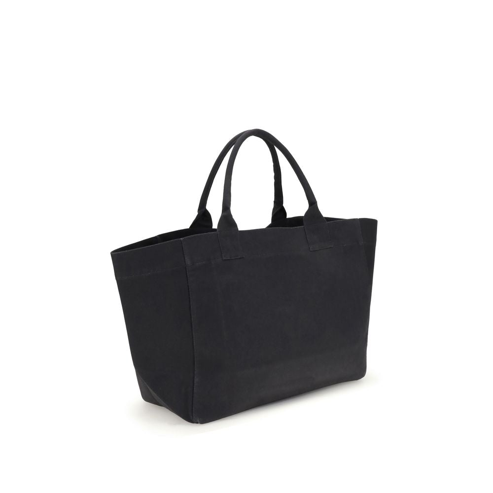 Ganni Black Cotton Shoulder Bag, XXL canvas tote with top handles and GANNI logo, ideal for spacious and versatile use during AW25 season.