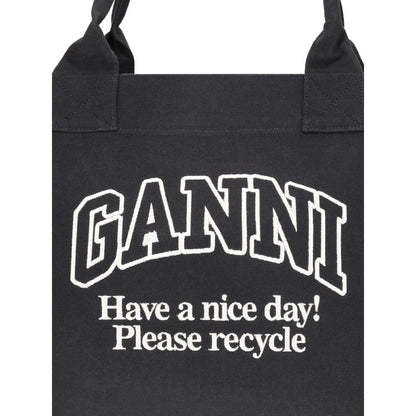 Ganni Black Cotton Shoulder Bag with logo detail and recycling message, featuring spacious interior and top handles, ideal for versatile use.