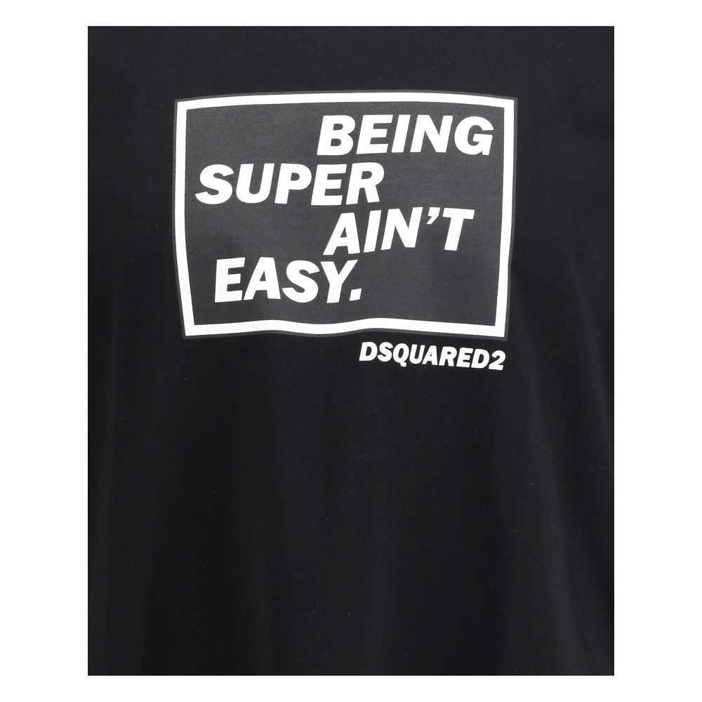 Dsquared² Black Cotton Sportswear T-Shirt with bold printed logo "Being Super Ain't Easy" for a casual, contemporary look. AW25 collection.