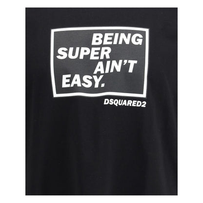 Dsquared² Black Cotton Sportswear T-Shirt with bold printed logo "Being Super Ain't Easy" for a casual, contemporary look. AW25 collection.