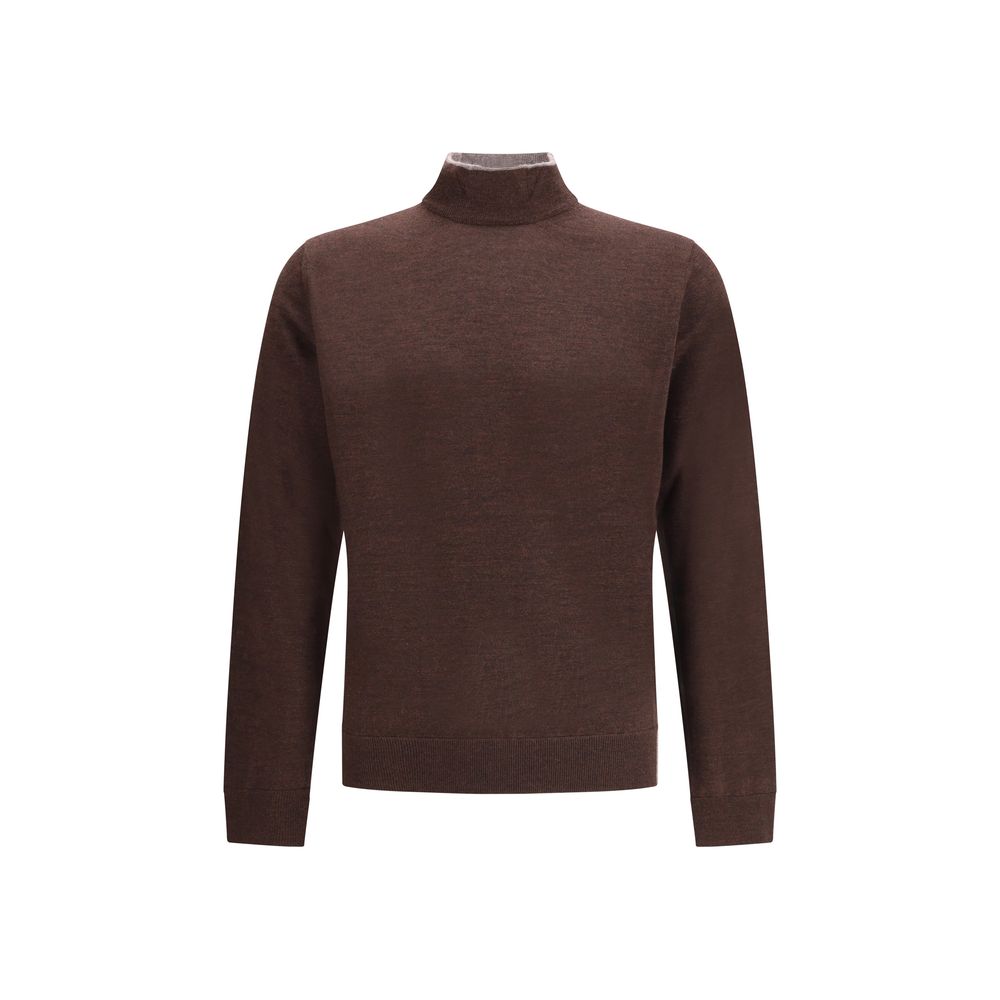 Cruna Brown Wool Turtleneck - elegant men's sweater with high ribbed collar, perfect for cold seasons. AW25 timeless classic in 100% wool.
