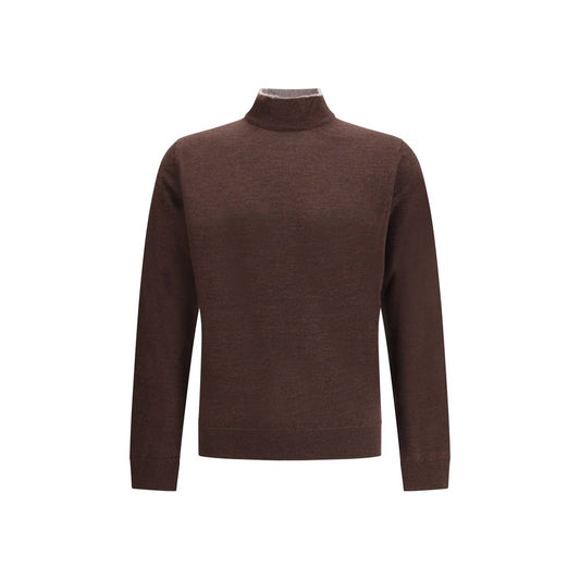 Cruna Brown Wool Turtleneck - elegant men's sweater with high ribbed collar, perfect for cold seasons. AW25 timeless classic in 100% wool.