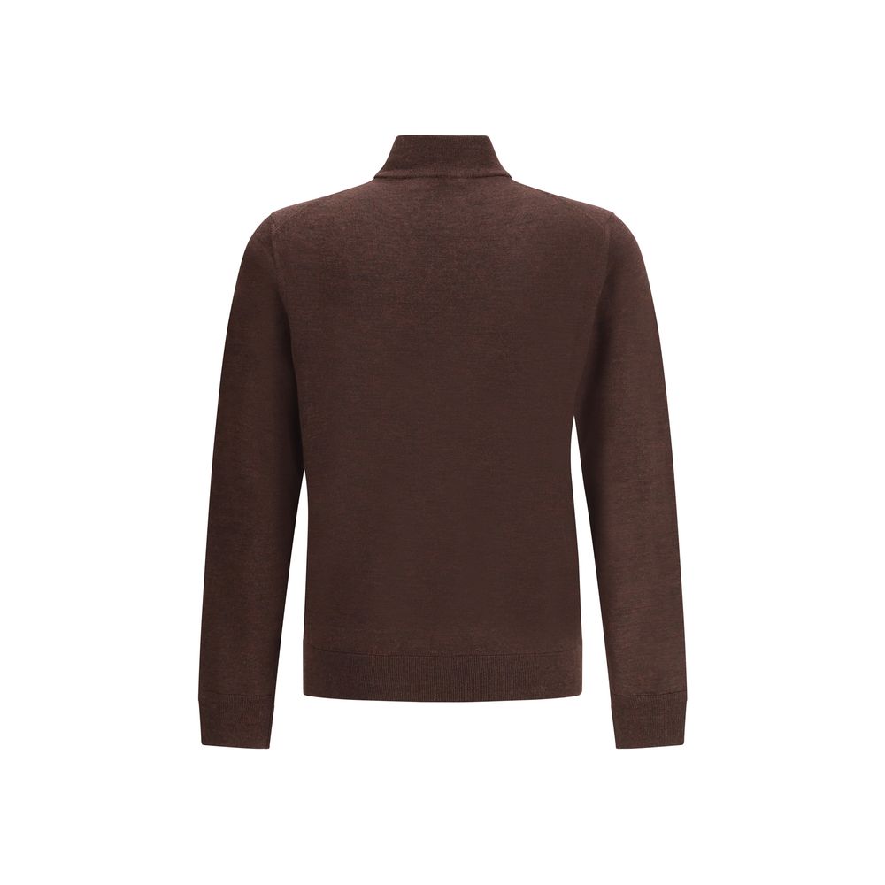 Cruna Brown Wool Turtleneck with high ribbed collar, showcasing back view of the sweater, ideal for stylish winter wear.