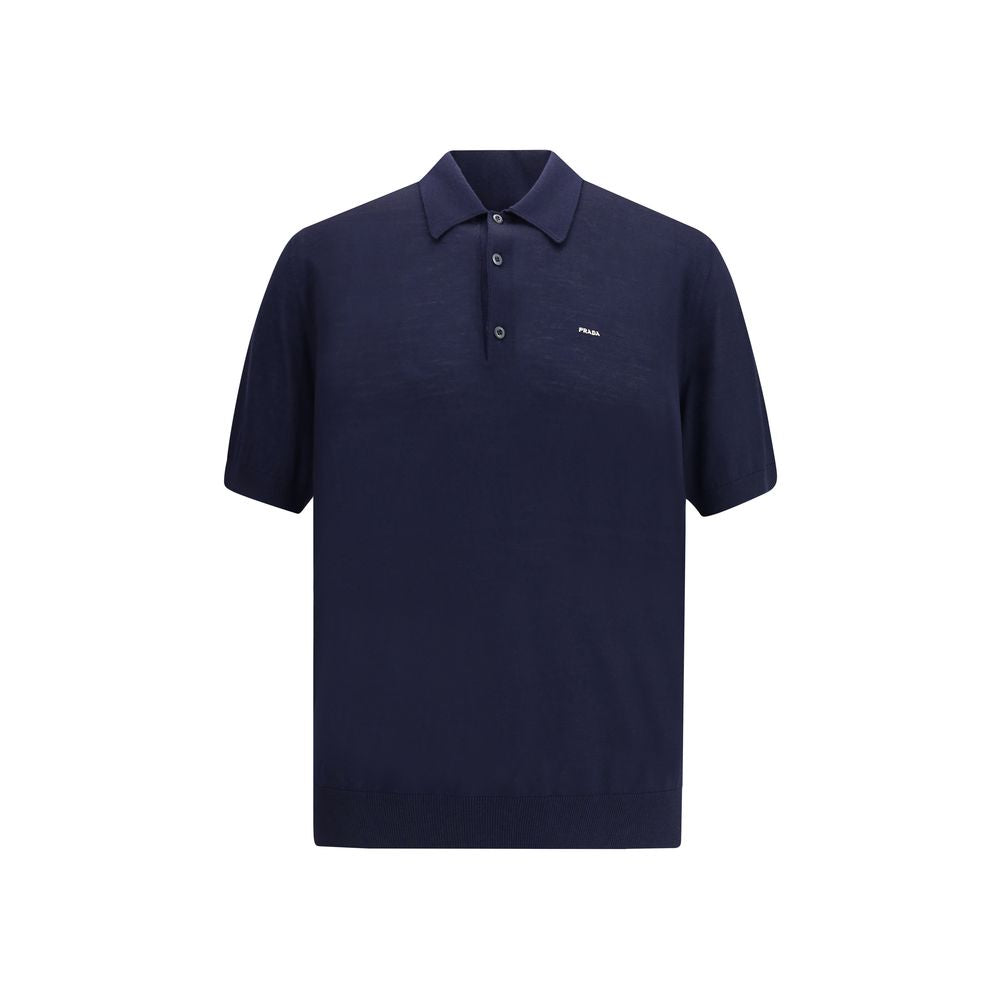 Prada Blue Fleece Wool Polo Shirt with ribbed collar and discreet logo, elegant and timeless design for AW25 season.