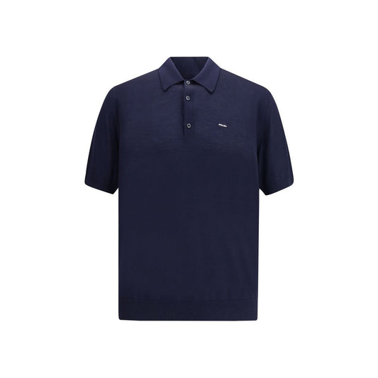 Prada Blue Fleece Wool Polo Shirt with ribbed collar and discreet logo, elegant and timeless design for AW25 season.